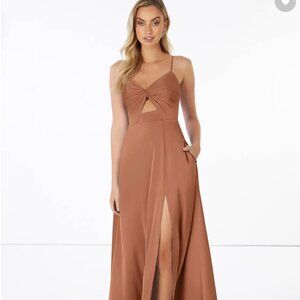 Azazie Jenna Bronzer Flowy Pleated Stretch Satin Dress